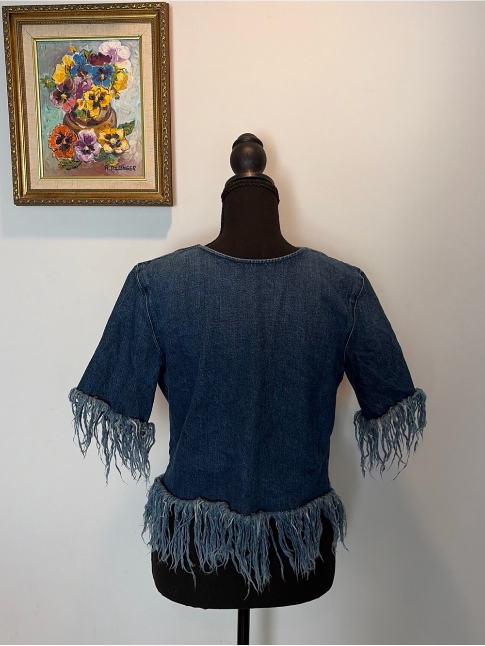 3x1 Denim Raw Hem Short Sleeve Zip Back Top Fringe Y2K